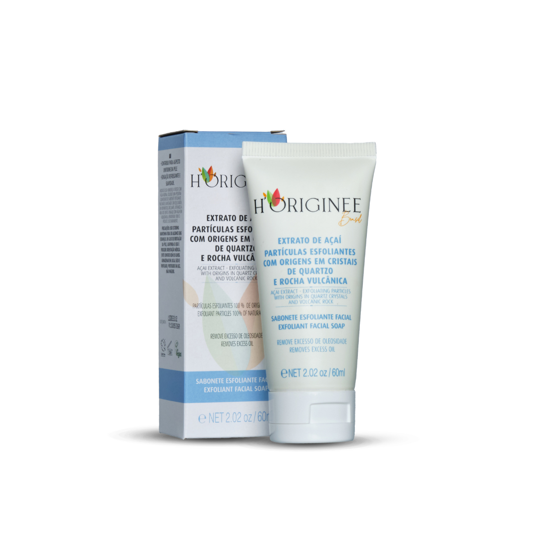 Sabonete Esfoliante Facial - Extrato de Açaí, Partículas Esfoliantes Cristais de Quartzo e Rocha Vulcânica - 60ml